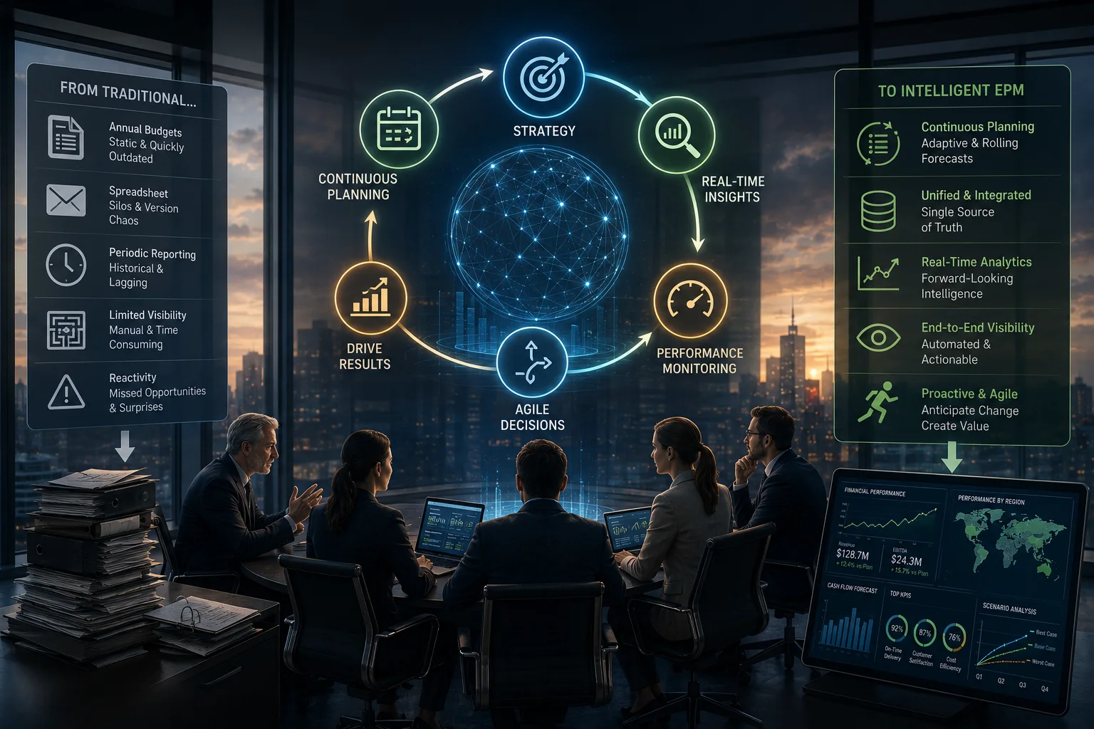Boardroom illustration contrasting two ways of managing performance. On the left, a panel headed "from traditional" lists annual budgets, spreadsheet silos, periodic reporting, limited visibility, and reactivity, with an arrow down to a stack of paper binders. In the center, a glowing cycle connects strategy, real-time insights, performance monitoring, agile decisions, drive results, and continuous planning. On the right, a panel headed "to intelligent EPM" lists continuous planning, a single source of truth, real-time analytics, end-to-end visibility, and proactive agility, with an arrow down to a live dashboard of financial performance, cash flow, KPIs, and scenario analysis.
