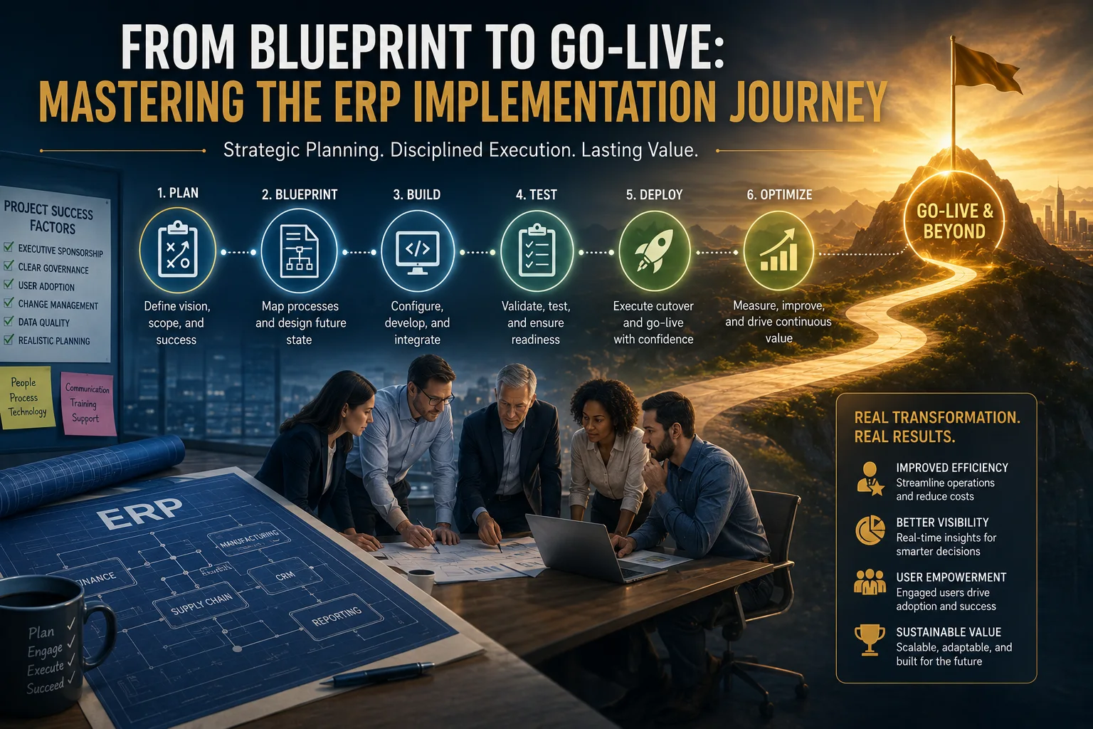 Illustration of an ERP implementation journey: a six-step lifecycle band reading plan, blueprint, build, test, deploy, optimize, leading along a lit road to a summit flag marked "go-live and beyond". Below, a project team works over an ERP blueprint on a boardroom table, beside a checklist of project success factors and a panel headed "real transformation, real results".