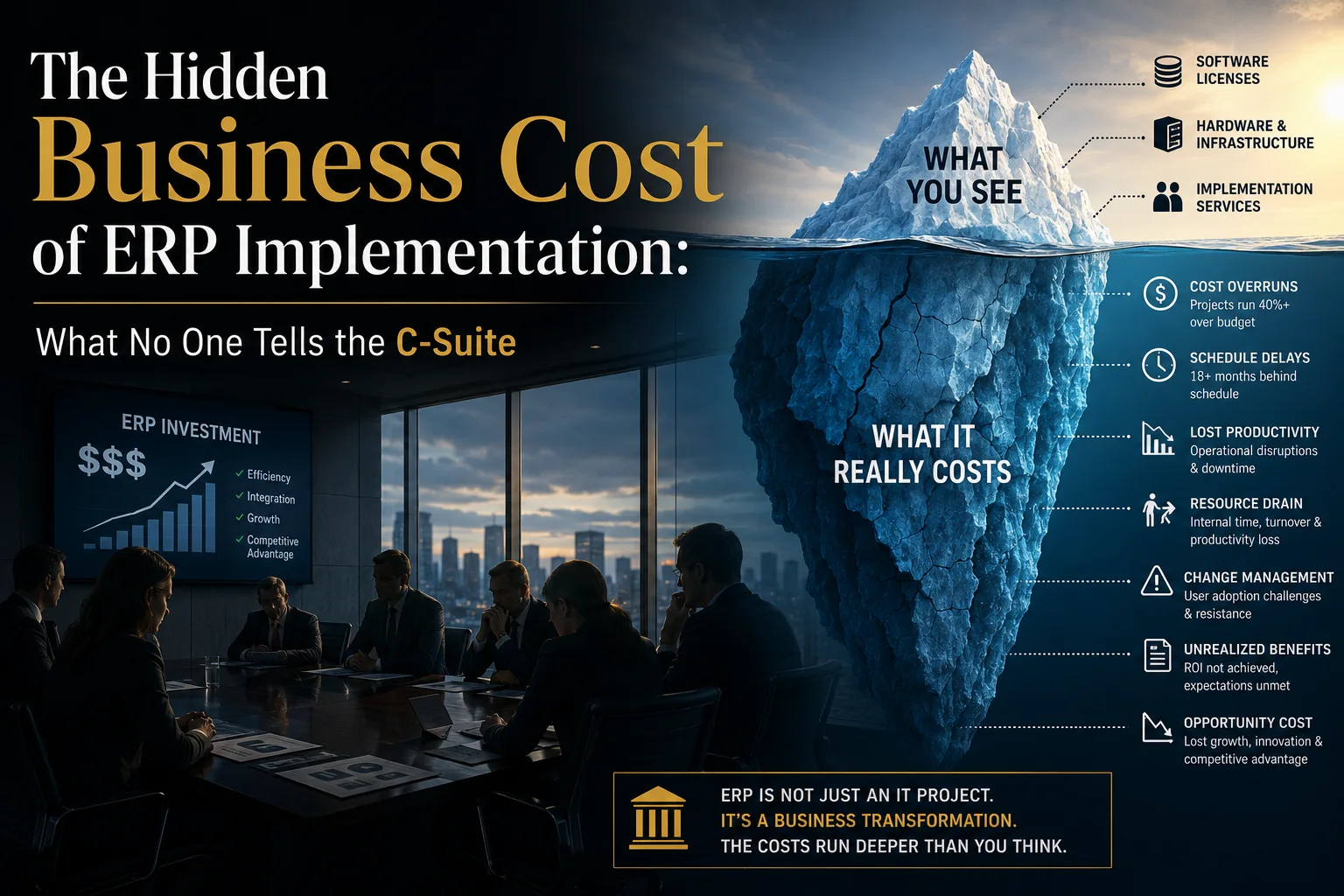 Iceberg infographic. Above the waterline, labeled "what you see": software licenses, hardware and infrastructure, implementation services. Below it, labeled "what it really costs": cost overruns, schedule delays, lost productivity, resource drain, change management, unrealized benefits, and opportunity cost. To the left, a boardroom of executives watches a rising ERP investment chart.