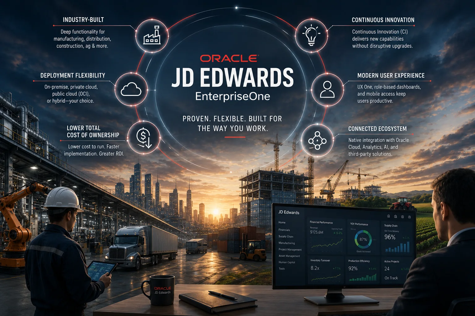 Illustration of Oracle JD Edwards EnterpriseOne under the line "proven, flexible, built for the way you work", set in a ring of six labeled callouts: industry-built, deployment flexibility, lower total cost of ownership, continuous innovation, modern user experience, and connected ecosystem. Below, a composite industrial scene runs from a robotic arm and a worker in a hard hat with a tablet, through freight trucks, shipping containers, and a forklift, past tower cranes over a building under construction, to farmland at sunset. In the foreground a person in a suit reads a JD Edwards dashboard showing financial performance, year-over-year performance at 87 percent of goals, on-time delivery at 96 percent, inventory turnover, production efficiency, and active projects.