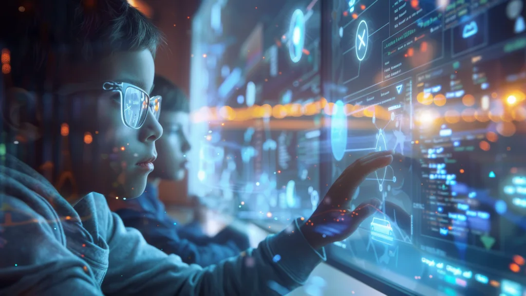 A student in glasses reaching toward a lit wall of learning data