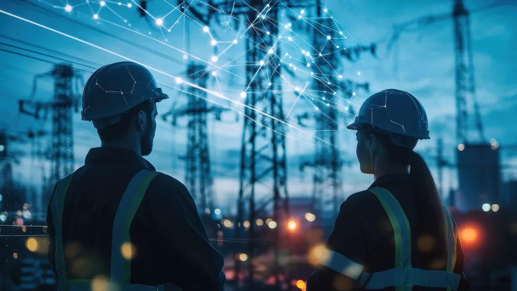 Two utility workers in hard hats and hi-vis looking up at transmission towers at dusk