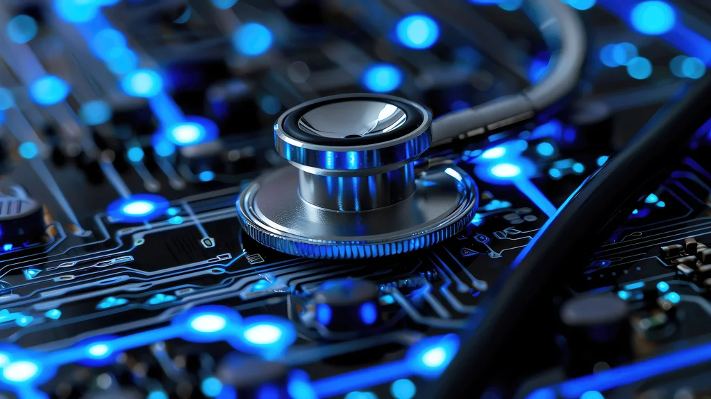 A stethoscope resting on a circuit board lit with blue traces
