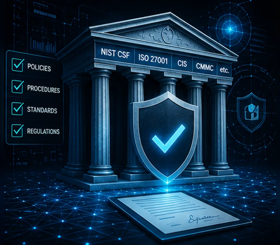 A courthouse whose columns are labeled NIST CSF, ISO 27001, CIS and CMMC, a shield carrying a check mark, a signed document, and a checklist reading policies, procedures, standards, regulations