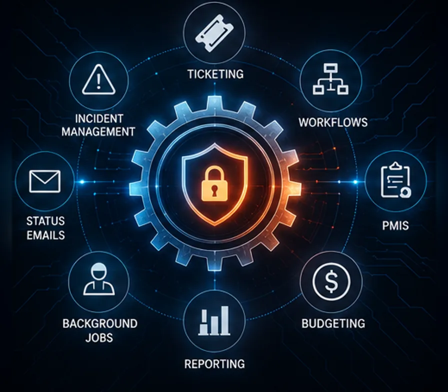 A gear enclosing a padlocked shield, ringed by labels for ticketing, workflows, PMIS, budgeting, reporting, background jobs, status emails and incident management