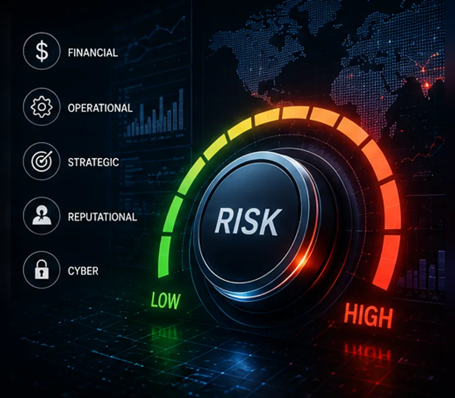 A dial labeled RISK sweeping from low to high across a green-to-red scale, beside a legend reading financial, operational, strategic, reputational and cyber