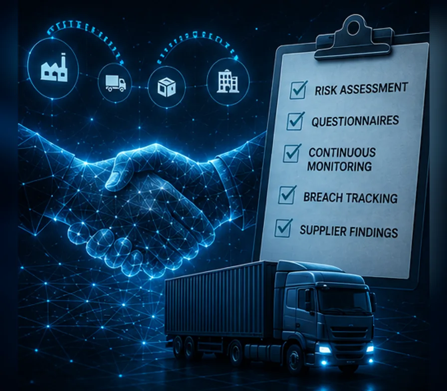 A wireframe handshake and a freight truck beneath supplier icons, beside a clipboard reading risk assessment, questionnaires, continuous monitoring, breach tracking and supplier findings