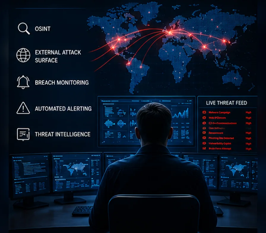 An analyst in a dark operations center facing a world map of live attack paths and a threat feed, beside a legend reading OSINT, external attack surface, breach monitoring, automated alerting and threat intelligence