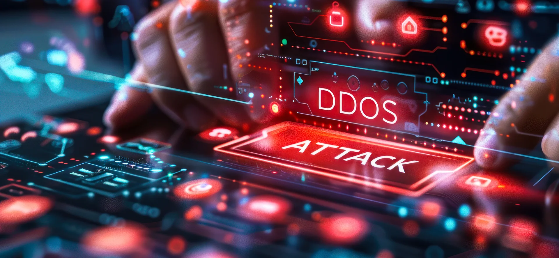 A hand at a glowing holographic control panel with "DDoS attack" lit in red across it