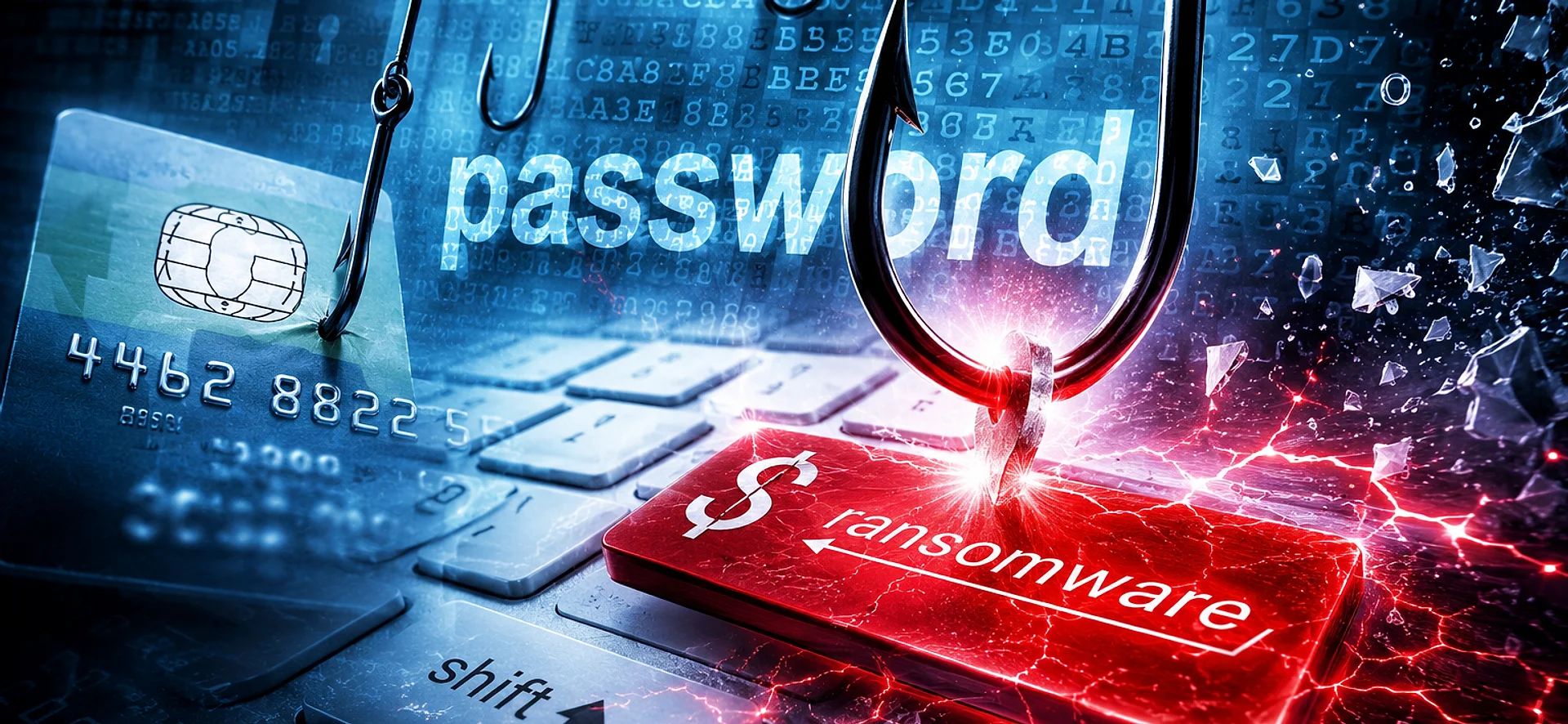 A fish hook hanging over a keyboard whose enter key reads "ransomware", with a credit card and the word "password" behind it