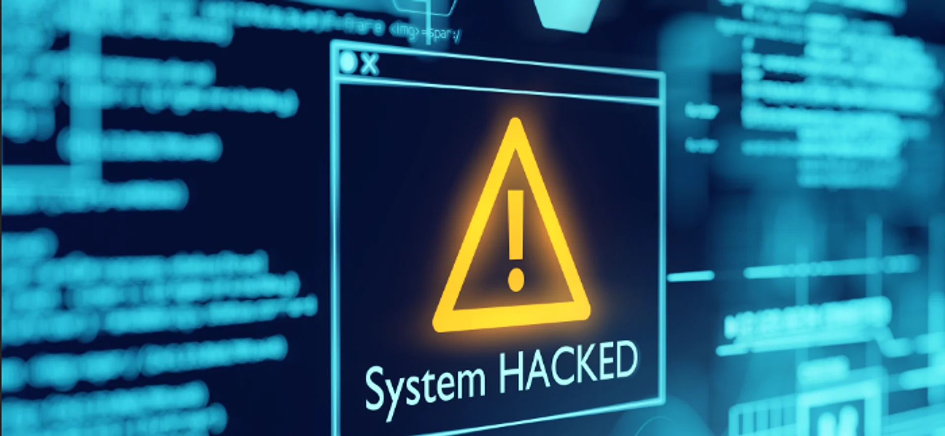 A "System HACKED" alert window with a yellow warning triangle, over blurred screens of code