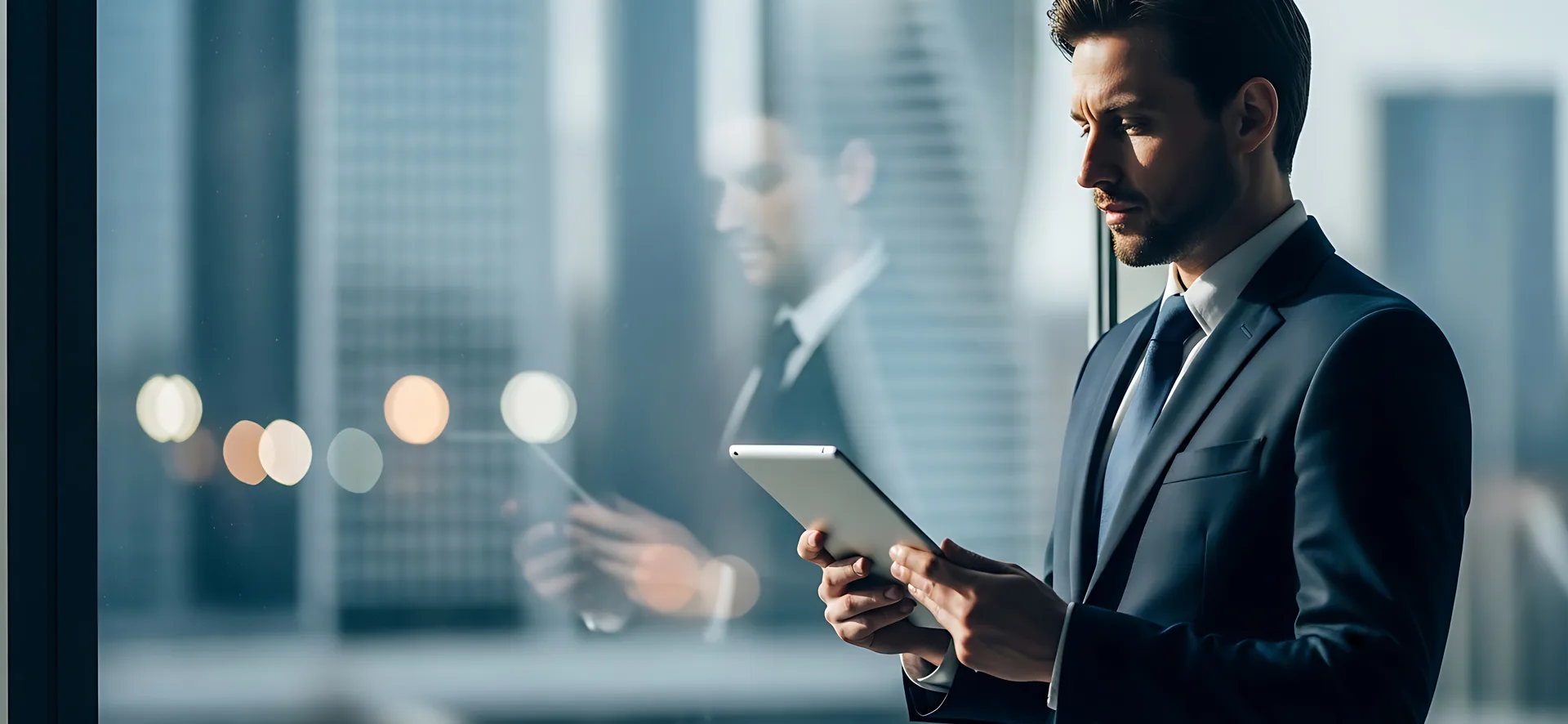 Executive reviewing figures on a tablet beside a city office window