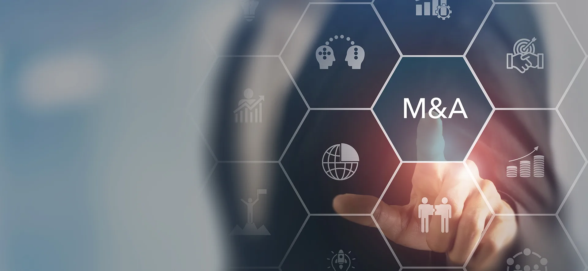 Executive touching a honeycomb of deal icons, with M&A lit at the center of the grid