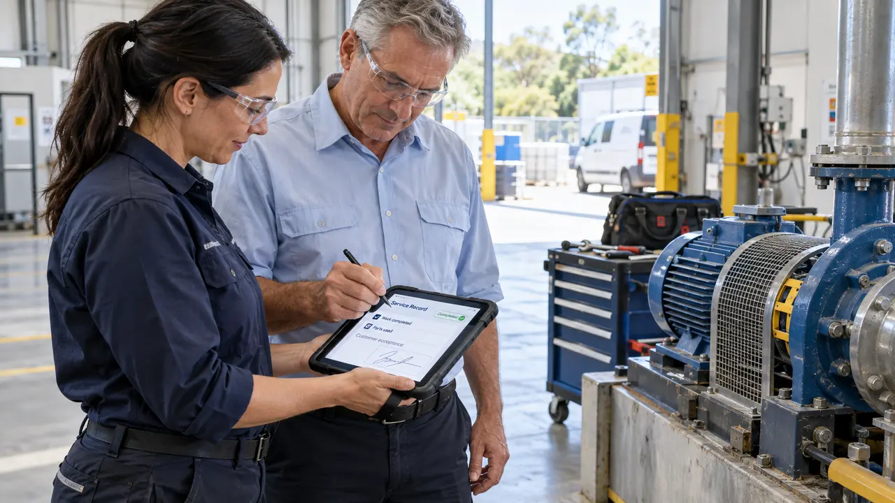 A field service technician and a customer signing off a completed service record on a rugged tablet beside an industrial pump.