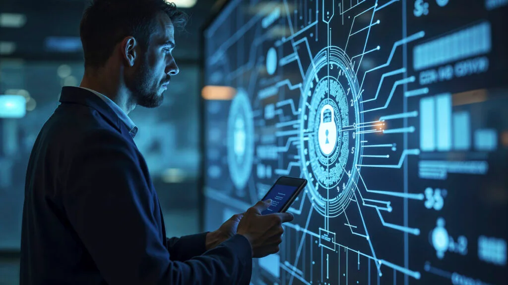 A security consultant working through a lit control dashboard on a wall display, phone in hand