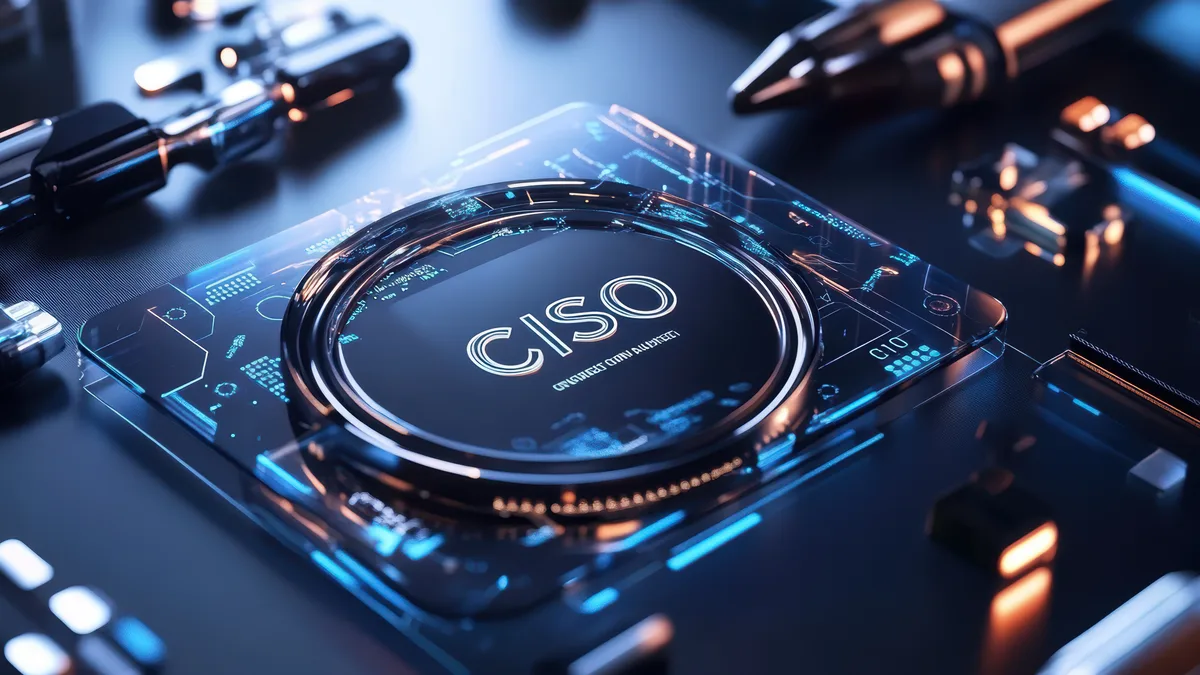 A backlit CISO module on a circuit board, lit in blue and copper