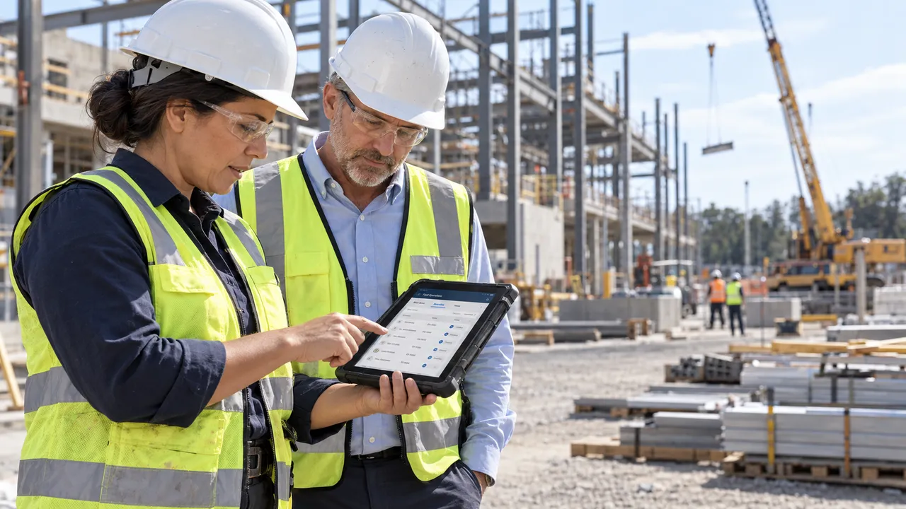 Two site leads in hard hats and hi-vis vests reviewing field operations on a rugged tablet at an active construction site.
