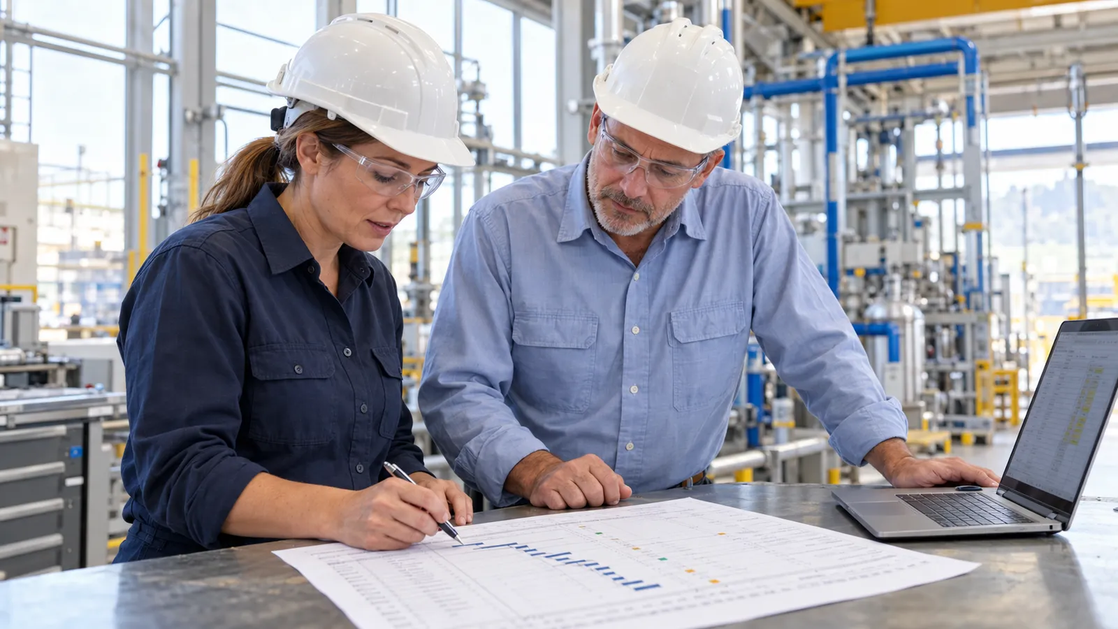 Two engineers in hard hats and safety glasses marking up a printed project schedule beside a laptop on the floor of a processing plant.