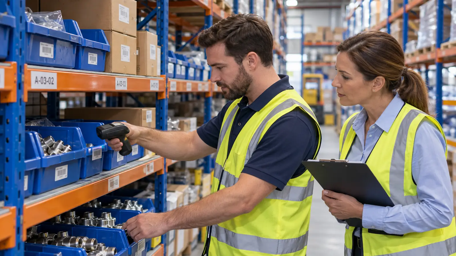 A warehouse operator in a hi-vis vest scanning a labelled bin of pipe fittings while a supervisor with a clipboard checks the count alongside, pallet racking and a forklift behind them.